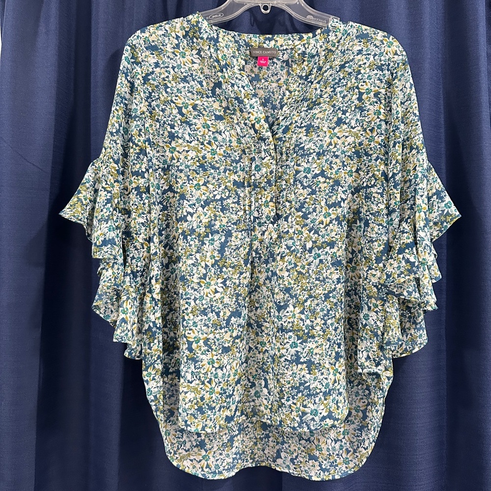 Whimsical Fairy Vince Camuto Blue & Green Floral Print Flutter Sleeve Blouse